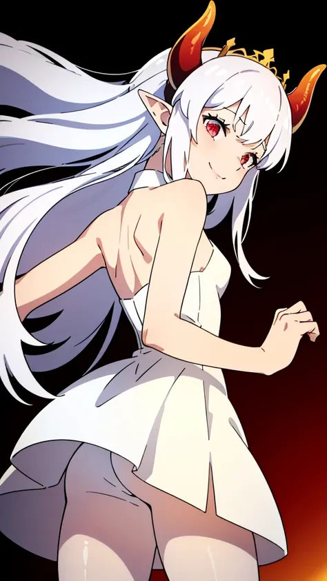 1girl,16s,small size,solo,white short dress,white hair,long hair,elf ears,horns,white pantyhose,cleavage,red eyes,gold tiara,((no background)),talking,happy,smile,separated lips,(from behind)