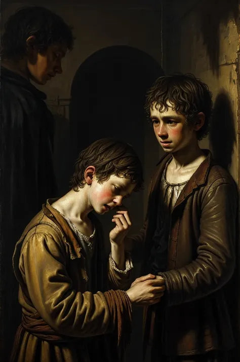 Poor boy crying with dirty and torn clothes, sad because he has no money by his side, he has a skinny and malnourished dog, realistic baroque style oil painting with lots of detail, Rembrandt style lights and shadows. 