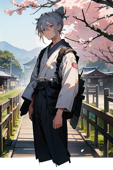 1 male, teenager, Gray Hair, short hair, Messy Man Bun, blue eyes, ((Black Pilot)), White yukata, Black underwear, (old Japan background), Detailed Background, standing on the path, Expressionless, emotionless, Old Japanese town background, Cherry tree、sun...