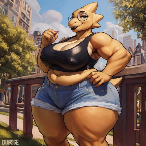 by darkgem, by duase, by bng, solo, 1girl, alphys, female, older woman, smooth body, chubby, heavyset, broad shoulders, wide body, wide hips, thick thighs, big arms, heavy breasts, nipple outline, highly detailed eyes, milf, tank top, (bare midriff:1.3), c...