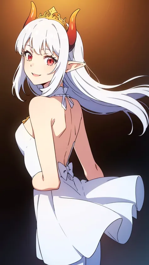 1girl,16s,small size,solo,white short dress,white hair,long hair,elf ears,horns,white pantyhose,cleavage,red eyes,gold tiara,((no background)),talking,happy,smile,separated lips,back view,hand_on_own_cheek