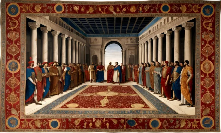 Renaissance painting of an exclave by Julius Caesar carrying a 1.70 m long decorated carpet, hidden inside Julius Caesars palace of Alexandria, he is alone