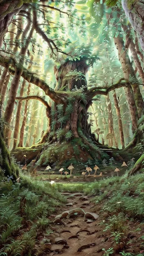 A large ancient tree in a mystical forest with multiple kodama, Japanese tree spirits, scattered around. Some kodama are perched on the branches of the tree, while others are on the forest floor. The kodama have white, slightly translucent bodies, round he...