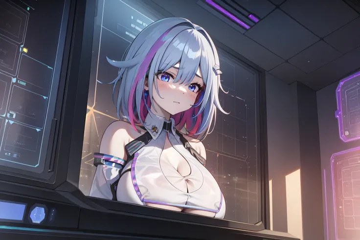 masterpiece, best quality, TopazV4:1.5, 1girl, looking at pc screen, solo, hair ornament, ((holographic interface:1.3)), indoors, spaceship, night, gigantic breasts