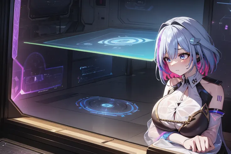 masterpiece, best quality, TopazV4:1.5, 1girl, looking at pc screen, solo, hair ornament, ((holographic interface:1.3)), indoors, spaceship, night, gigantic breasts