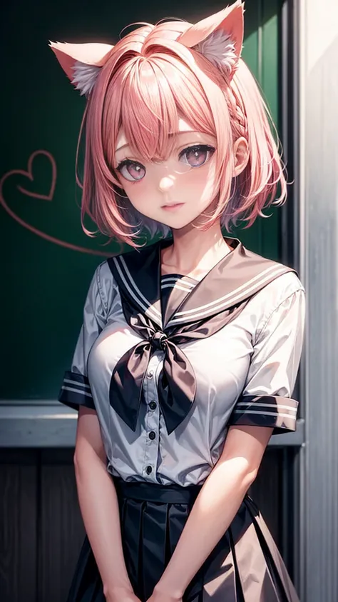 realisitic、premium、1 girl in 、cat ears、 pink hair ,short hair, heart-shaped pupils,  Schoolgirl, uniforme de 