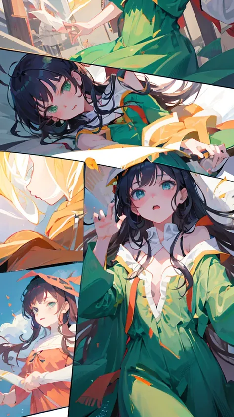 Anime Girls with long hair and green eyes in a green dress, By Ren, Anime Moe Art Style, Another Iwakura, inspired By Ren, Created by Anime Painter Studio, Anime Girls with long hair, (Anime Girls), Megumin, Flowing hair and long robes, In anime style, mit...