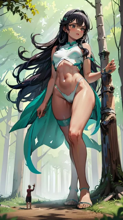 In a forest of large trees there is an even larger Amazonian giantess, with brown skin, black hair, thin, with clothes of the forest, and with very long legs, she is looking for small human invaders of the forest to destroy them so that they do not disturb...