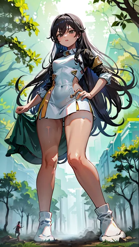 In a forest of large trees there is an even larger Amazonian giantess, with brown skin, black hair, thin, with clothes of the forest, and with very long legs, she is looking for small human invaders of the forest to destroy them so that they do not disturb...