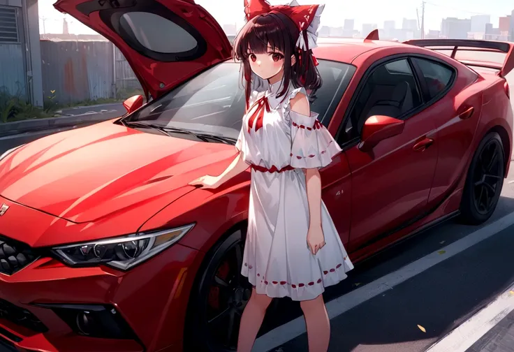 araffe girl in a white dress standing next to a red car, anime style 4 k, anime style. 8k, cute anime waifu in a nice dress, ani...