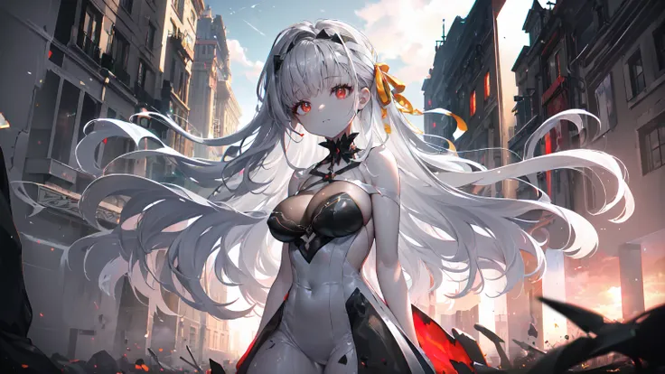 ((((Obra maestra, La mejor calidad, ultrahigh resolution)))), 1girl, standing, (cute maid costume), ((long pure silver hair and grey mesh hair, hair over eye)), long hair cut, pale skin, ((red eyes)), glowing_eyes, neon eyes, (ultra detailed eyes:0.7, beau...