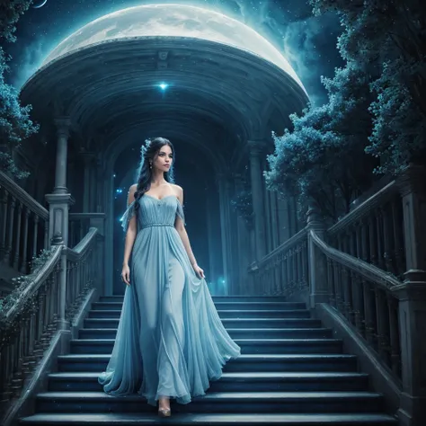 a beautiful ethereal blue woman, detailed face, piercing eyes, elegant flowing dress, walking on golden stairs in the sky, surrounded by wispy clouds, stars and moons in the distance, dreamlike and mystical atmosphere, (best quality, 8k, highres, masterpie...