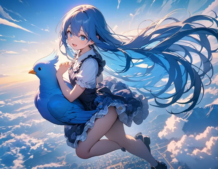 (8K, best quality, master piece: 1.2), super high resolution,1girl,16yo,ultra-detailed face,beautiful detailed eyes, luscious eyes,extra long hair,straight hair,blue hair,the girl is walking in the air straddling and riding on a large blue bird,enjoy,smile...