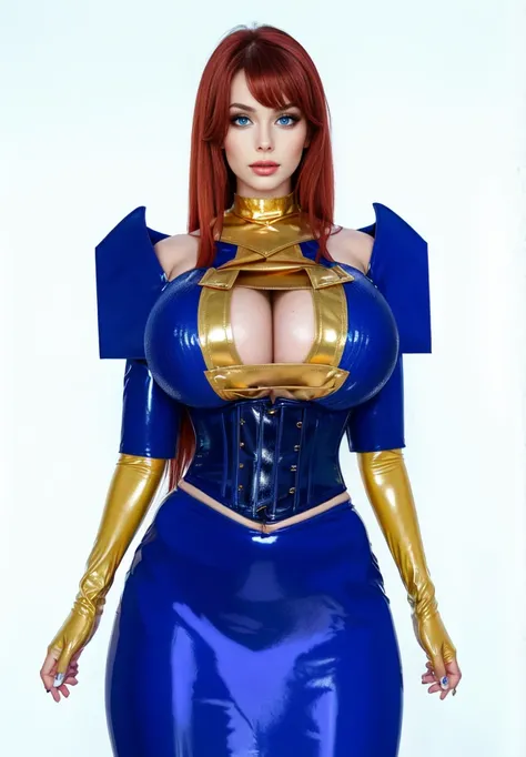 woman, redhead,red long hair, blue eyes, dark blue latex cloth with shoulder pad, golden stripes, cleavage, big breast, latex blue corset, blue latex skirt ,  golden gloves,standing