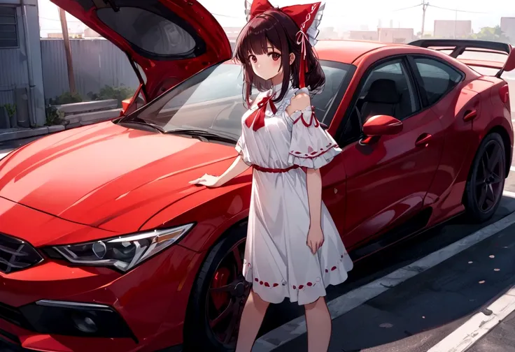 araffe girl in a white dress standing next to a red car, anime style 4 k, anime style. 8k, cute anime waifu in a nice dress, anime moe artstyle, 8k!, reimu hakurei, made with anime painter studio, guweiz, smooth anime cg art, badass anime 8 k, high quality...