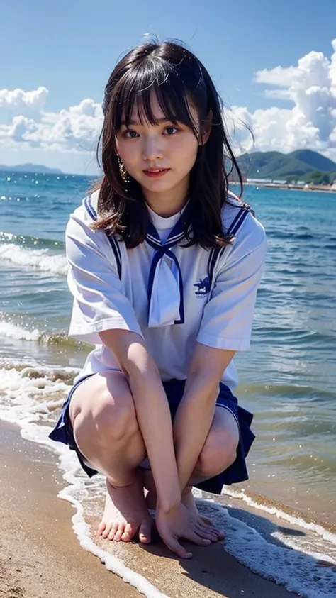 (((sunny day、Japanese 、Beach、A strong wind is blowing、Her hair and skirt are flying、Crouch down, Scooping up seawater and spreading your hands、Traditional navy blue sailor uniform、White blouse、Pleated skirt、Playing in sea water:1.25、splash、Pour water on th...