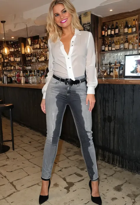 ((rear view)), (same character same clothing same shoes), attractive women, blonde wearing black skinny jeans, black belt, black suede high heel pumps, white blouse, standing in a crowded bar,  big smile, bright lighting, pee stains are gleaming wet