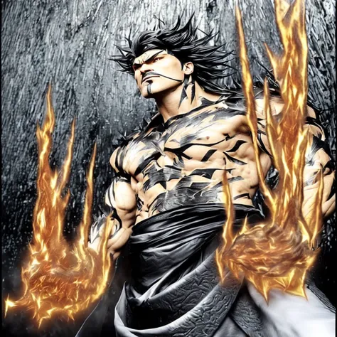 Realistic render character with spiky black hair and a muscular build, emitting orange flames from his hands.