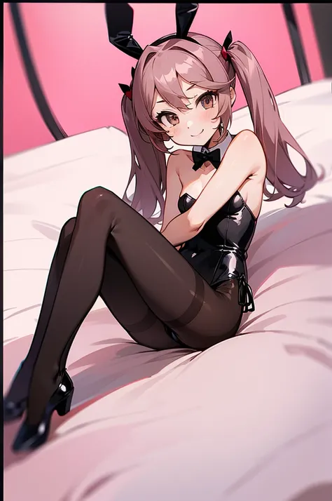 1girl, solo, rabbit ears,, black rabbit ears, bunny-girl outfit, playboy bunny,,  impish smile,  ,flat breasts,(flat chest, 5yo), leotard, pantyhose, black pantyhose, rabbit tail, indoors, on bed,,twintails,pink_hair,sazanami (kancolle)