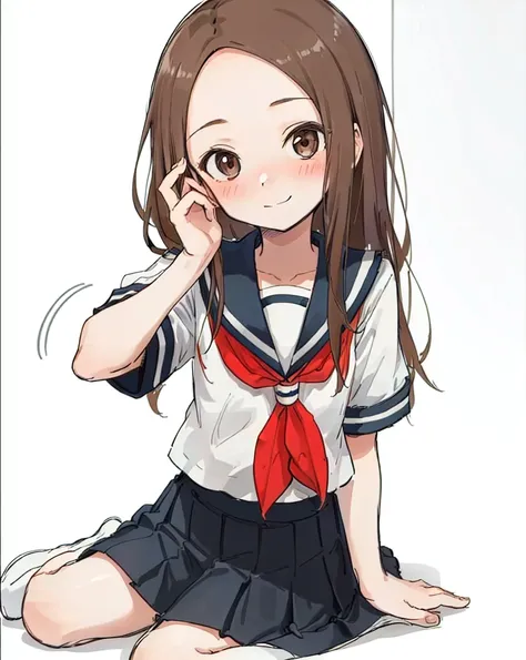 best quality,highly detailed,masterpiece,ultra-detailed,solo,(1girl),delicate eyes,(white background:1.3),takagi-san,school_unif...