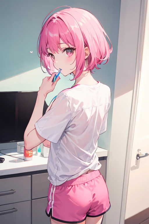 cute girl with short pink hair with bangs, wearing a white shirt and pink shorts, brushing their teeth, with their back turned to the camera, not looking at the camera, 8k