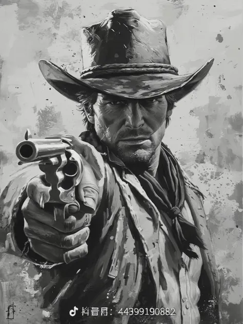 a painting of a man in a cowboy hat holding a gun, red undead redemption art style,, jesse mccree, western painting, cowboy port...