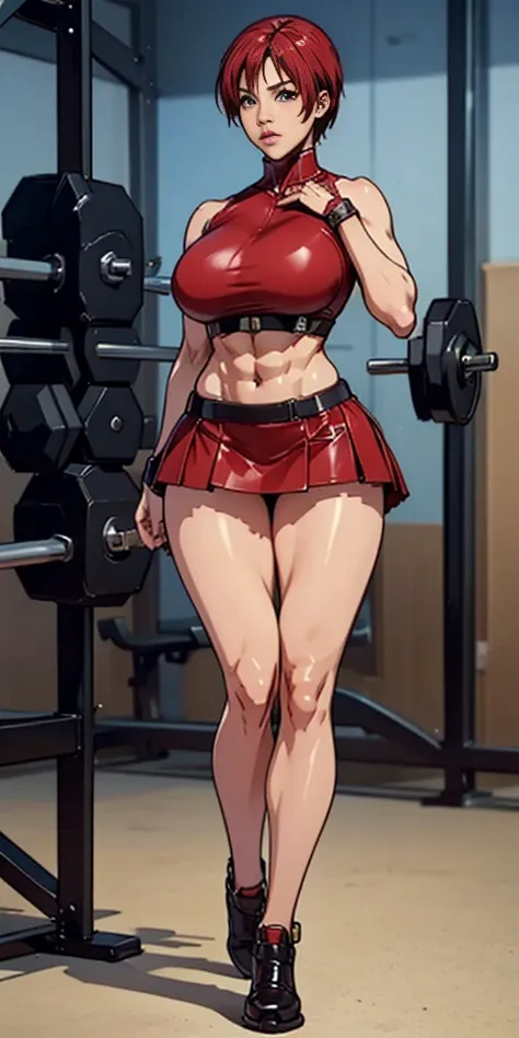 good, female character, extremely lifelike, very beautiful, fitness, big-ass, legs thick, 8k, red leather skirt