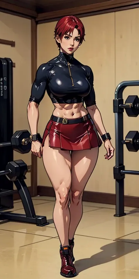 good, female character, extremely lifelike, very beautiful, fitness, big-ass, legs thick, 8k, red leather skirt