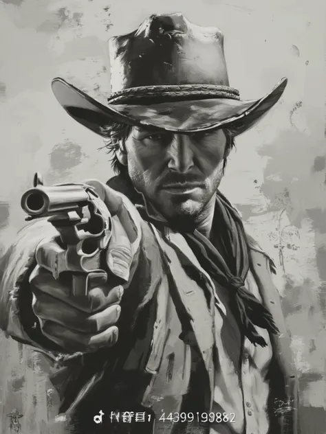 a painting of a man in a cowboy hat holding a gun, red undead redemption art style,, jesse mccree, western painting, cowboy port...