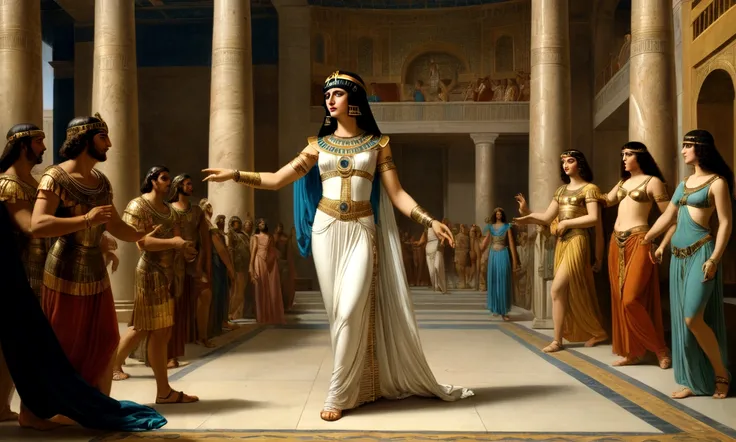 Renaissance painting of Cleopatra appearing in the Palace of Alexandria by Julio Cesar, as if she were dancing, she is beautiful, mesmerizing, she is surprised, she is so beautiful that you fall in love