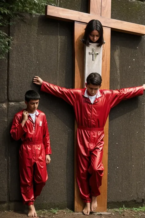 A high school student, wearing a red rainsuit, hands and feet crucified on a wooden cross crying for help 