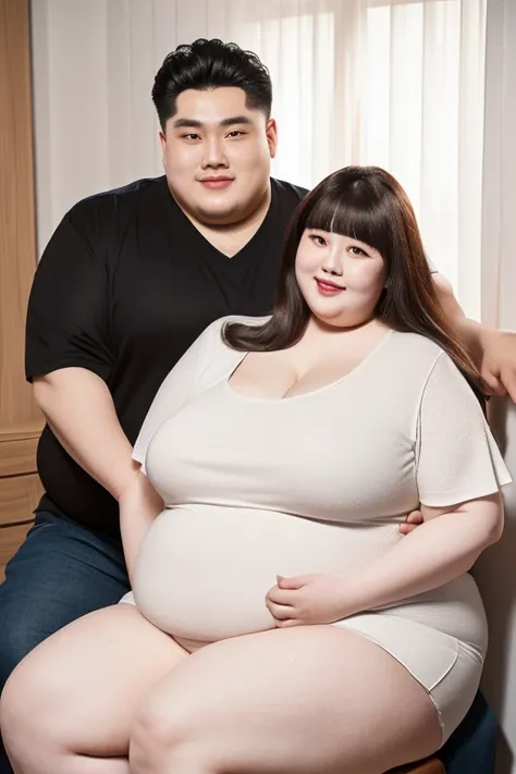 186cm 105kg thin man with abdominal obesity, ((140kg obese woman)), A friendly extremely obese man and woman couple, photorealistic, 8K