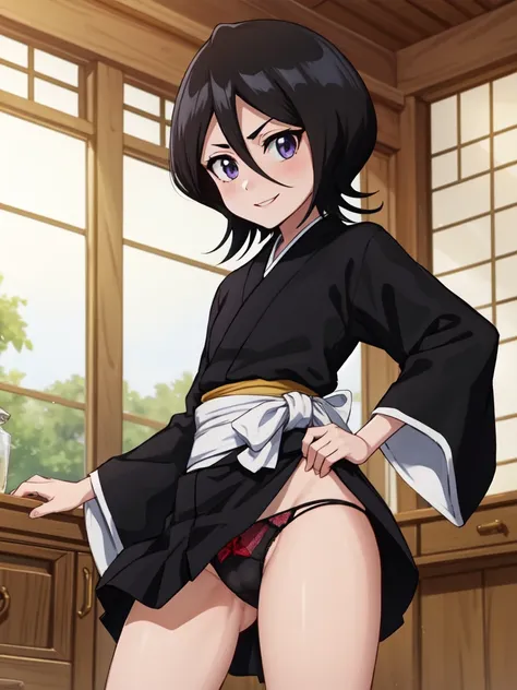 anime screencap, forest,path,
1girl, solo, hand on hip, short hair, black hair, purple eyes, japanese clothes, looking at viewer, black kimono, hair between eyes, cowboy shot, wide sleeves, facing viewer, black hakama,white_sash, seductive smile, indoors ,...