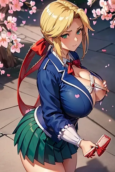 8k(A sloppy smile, The face we&#39;re looking for, Mischievous face:３.０)
8k(handing over a love letter:2.3)
(woman,Huge boobs, (Huge breasts:1.8),Are fat,とても唇が赤いHuge breastsを強調,Big Ass,Narrow waist,Long legs,Green Eyes立っている
 8K(Anime Style),(The facial exp...