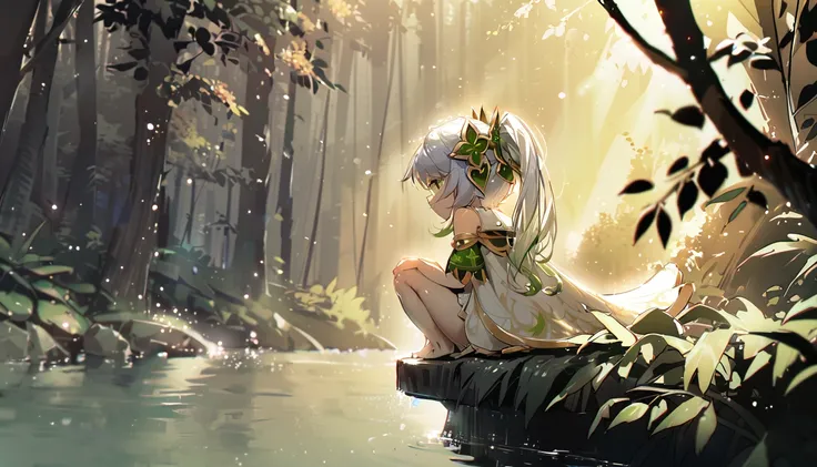 masterpiece,highest quality,dispersion,alone,one girl, in the forest,light particles, light,nahida,green eyes,waterfront