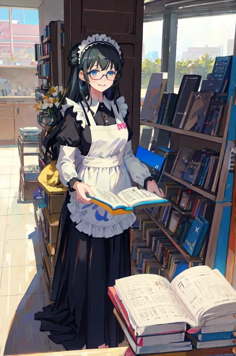 sagisawa fumika, 1girl, glasses, maid, solo, bookshelf, blue eyes, black hair, alternate costume, maid headdress, apron, enmaided, smile, juliet sleeves, dress, long sleeves, puffy sleeves, bespectacled, looking at viewer, book, maid apron, single hair bun...