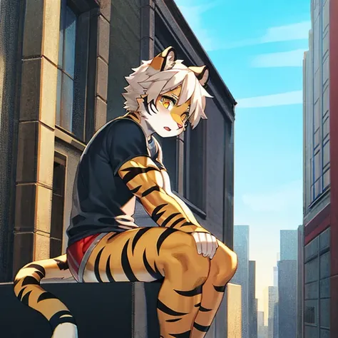 author：jijis-waifus,(author：pgm300:0.5),best quality,masterpiece,City,sit,Solitary,juvenile,muscular male,tiger,Cats,short hair,White hair,Yellow eyes,Gray body,shirt