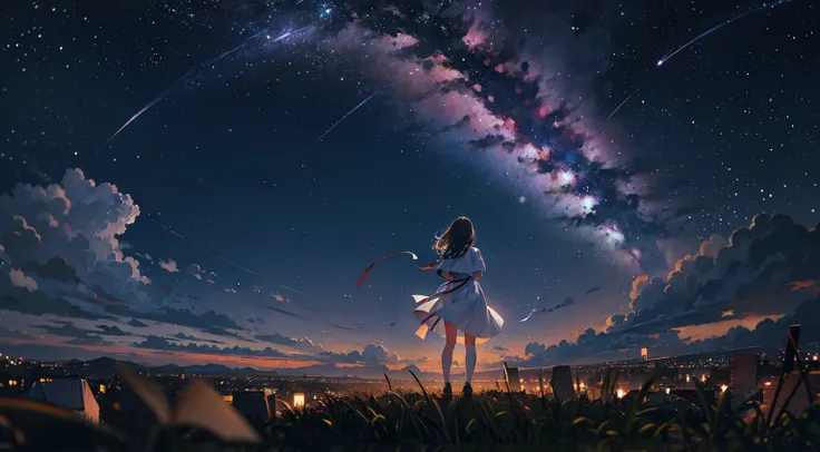 girl wearing a white dress, from behind, night sky, far away, landscape, wideangle, masterpiece, wallpaper