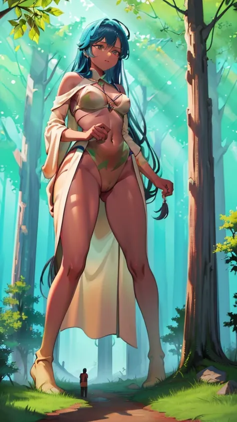 In a forest of large trees there is an even larger Amazonian giantess, with brown skin, black hair, thin, with clothes of the forest, and with very long legs, she is looking for small human invaders of the forest to destroy them so that they do not disturb...