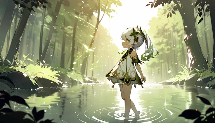 masterpiece,highest quality,dispersion,alone,one girl, in the forest,light particles, light,nahida,green eyes,waterfront