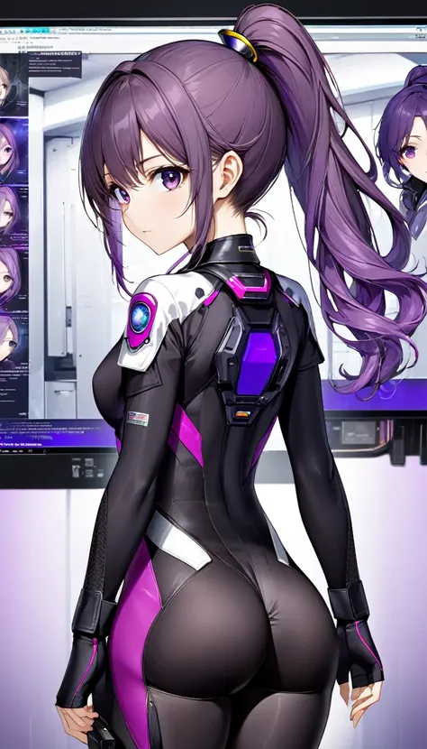 25 year old woman, best quality, super fine, 16k, incredibly absurdres, extremely detailed, delicate and dynamic, (purple eyes), (ponytail with gradient from white to purple at the ends), background analyzer room lab, various image effects, bodysuit, looki...