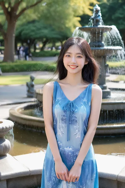 Create a highly detailed and realistic full-length image of a 20s Japanese woman with a model-like physique, smiling. She is wearing a vibrant blue dress. She has long, black hair. The background is a daytime park with a fountain visible in the background....