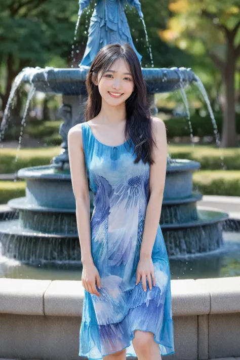 Create a highly detailed and realistic full-length image of a 20s Japanese woman with a model-like physique, smiling. She is wearing a vibrant blue dress. She has long, black hair. The background is a daytime park with a fountain visible in the background....