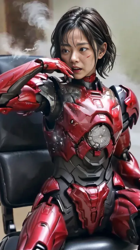 Rough skin, Very detailed, Advanced Details, high quality, 最high quality, High resolution, 1080P 、、Red Armor、Wearing red and black、cute((During a break))(Wearing a damaged female robot suit...)(Red Armor)(Broken Armor)Black Hair、、Soaking wet、Short Hair　Swe...