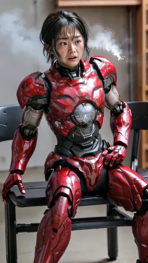 Rough skin, Very detailed, Advanced Details, high quality, 最high quality, High resolution, 1080P 、、Red Armor、Wearing red and black、cute((During a break))(Wearing a damaged female robot suit...)(Red Armor)(Broken Armor)Black Hair、、Soaking wet、Short Hair　Swe...