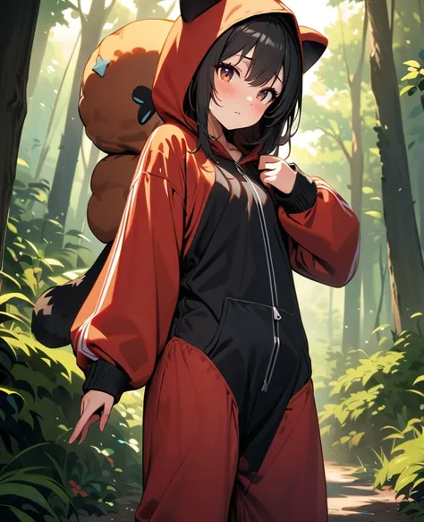 (Ultra high-res, masterpiece, best quality, ultra-detailed representation) ,A girl in Long-tailed Tit kigurumi, ,BREAK.cute,16yo,in forest,shiny skin,