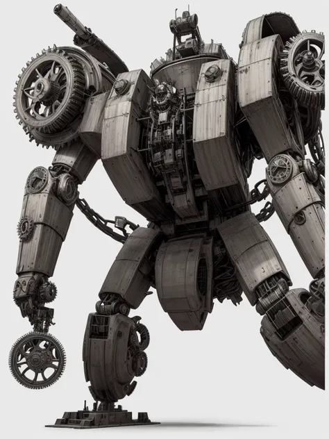 a huge steampunk mecha, black and white, low contrast, (low contrast: 1.5), detailed gears and machinery.
