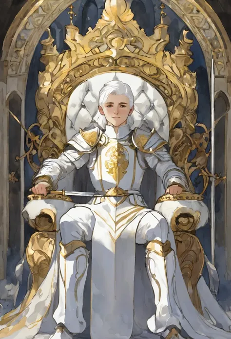 White white hair boy in a smirking face sitting in a throne and with a knight bow