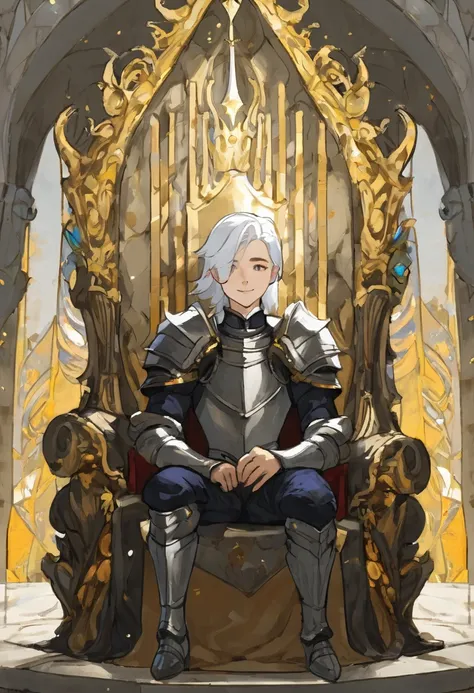 White white hair boy in a smirking face sitting in a throne and with a knight bow