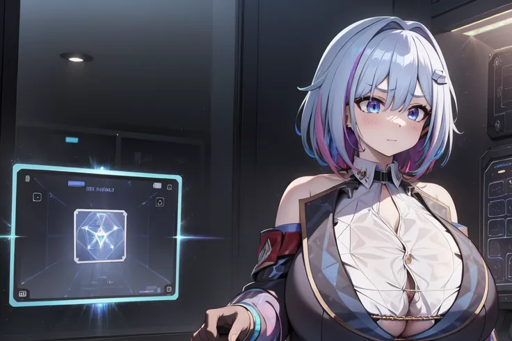 masterpiece, best quality, TopazV4:1.5, 1girl, looking at pc screen, solo, hair ornament, ((holographic interface:1.3)), indoors, spaceship, night, gigantic breasts